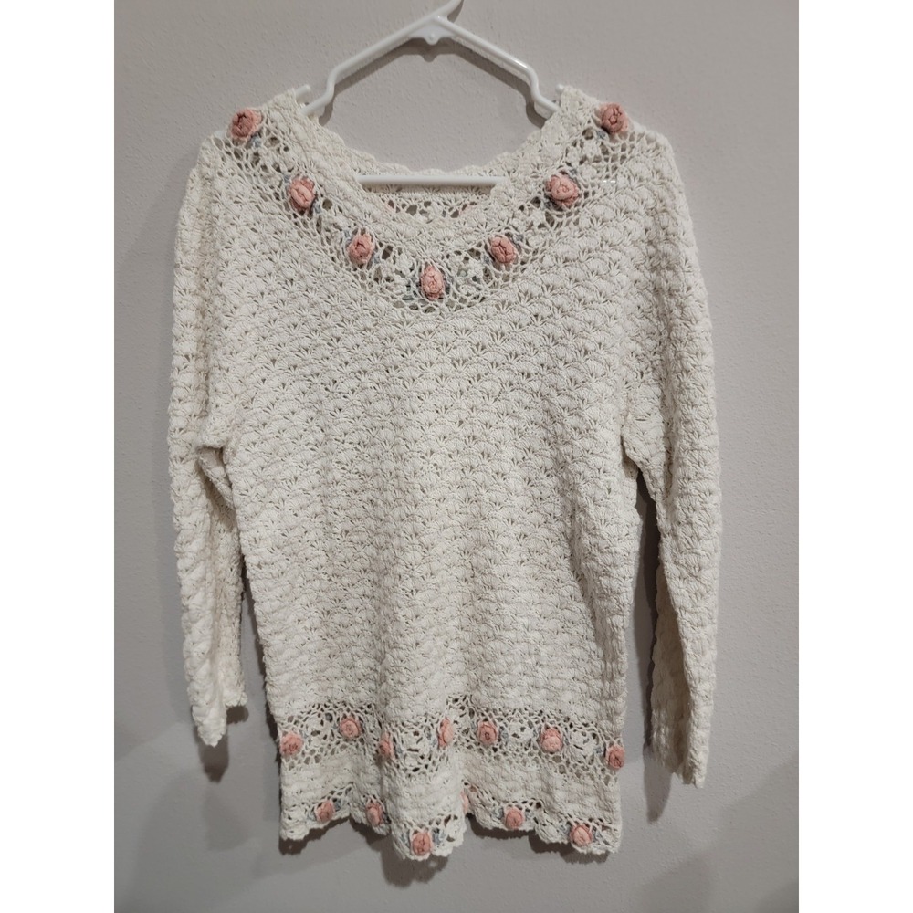 Shenanigans Hand Knitted Long‎ Sleeve Tunic Sweater Crocheted Rose Cottage M Vtg